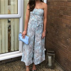 White & blue strapless jumpsuit